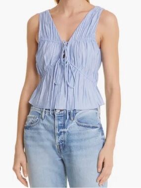 FRAME Cinched Crinkle Two-Tie Cropped Tank Top, Blue Size Large